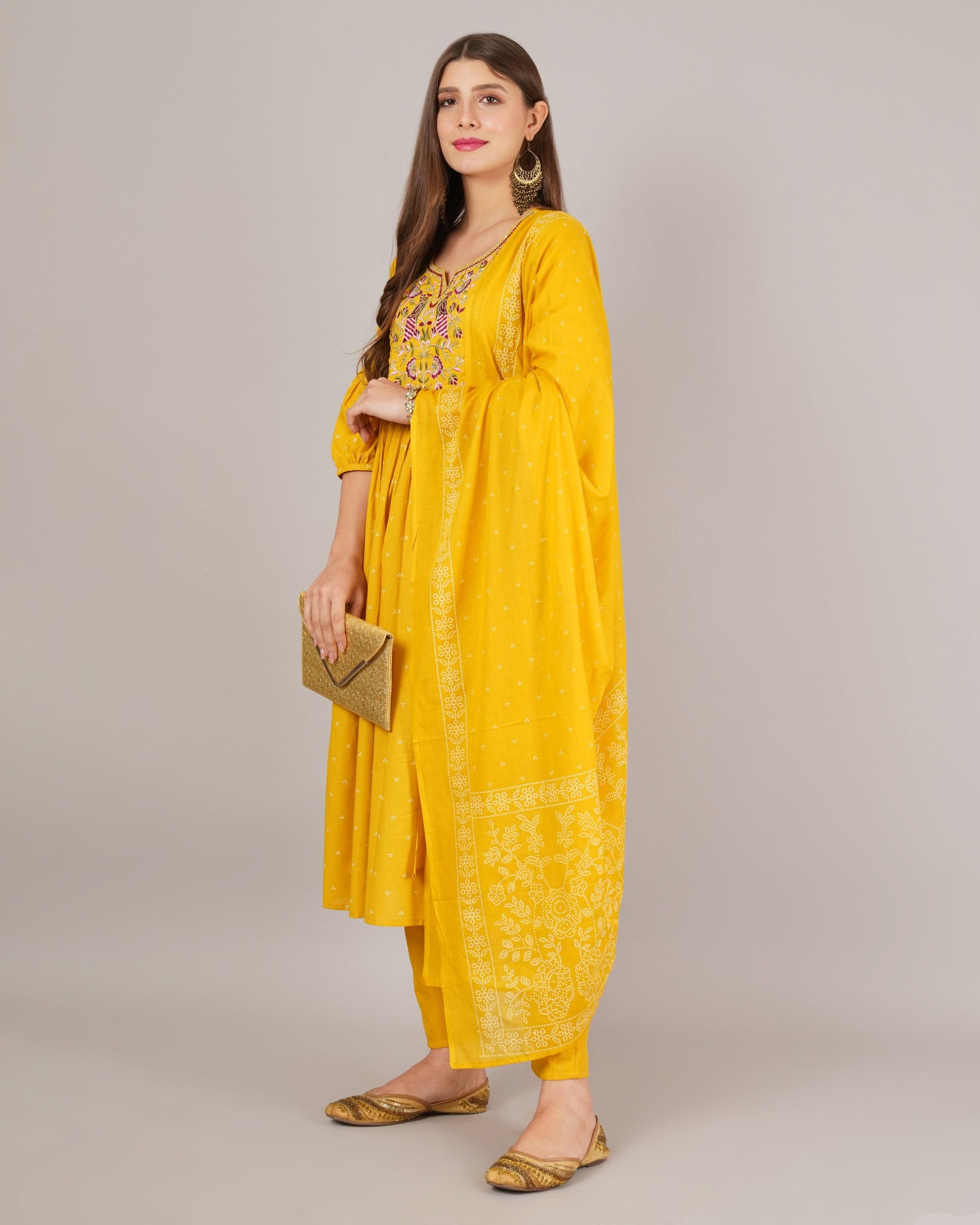 Jaitra Apparels Mustard Yellow Embroidered Pure Cotton Fabric Kurta Set With Dupatta