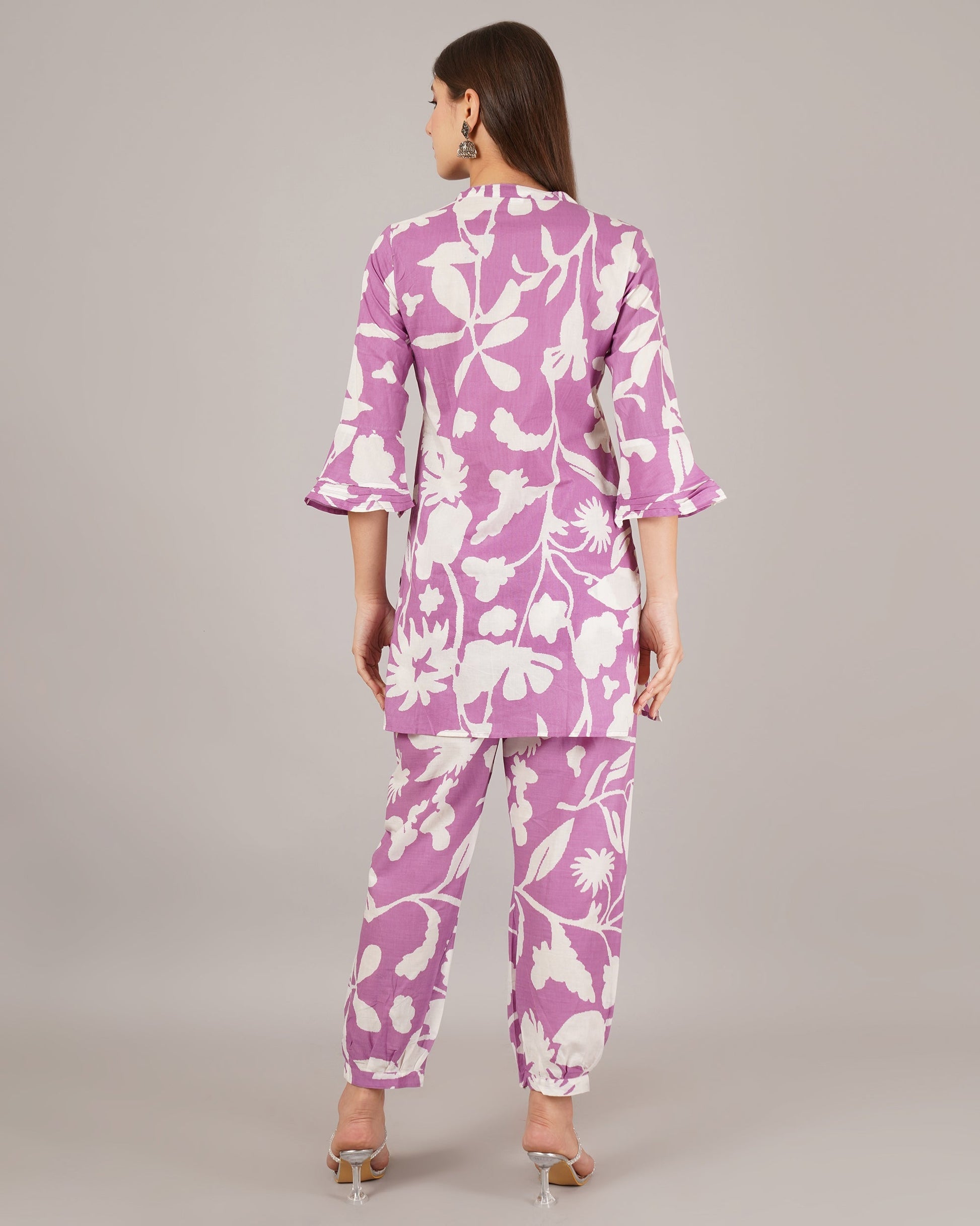 Jaitra Apparels White And Purple Printed Premium Pure Cotton Co-Ord Set For Women 
