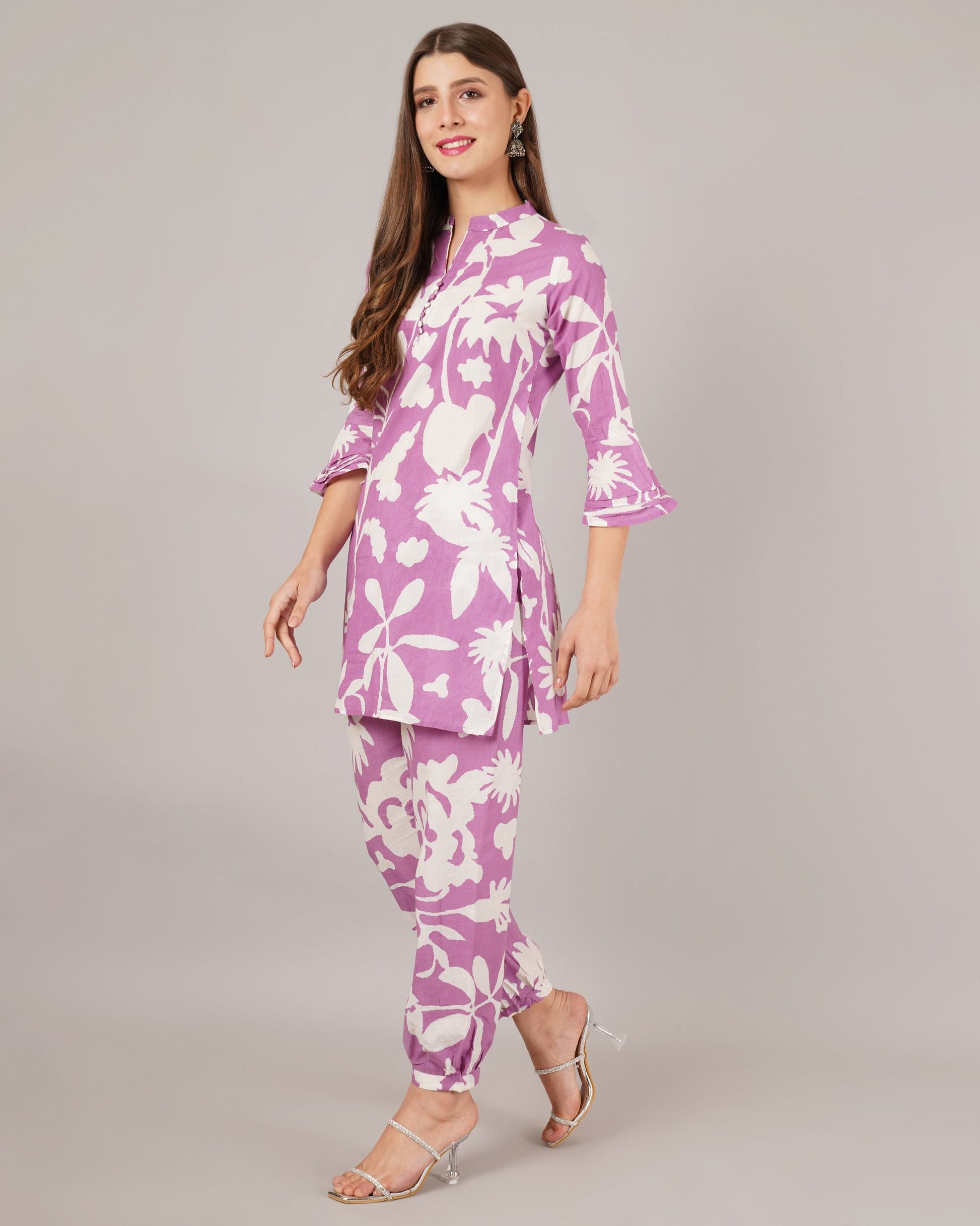 Jaitra Apparels White And Purple Printed Premium Pure Cotton Co-Ord Set For Women 