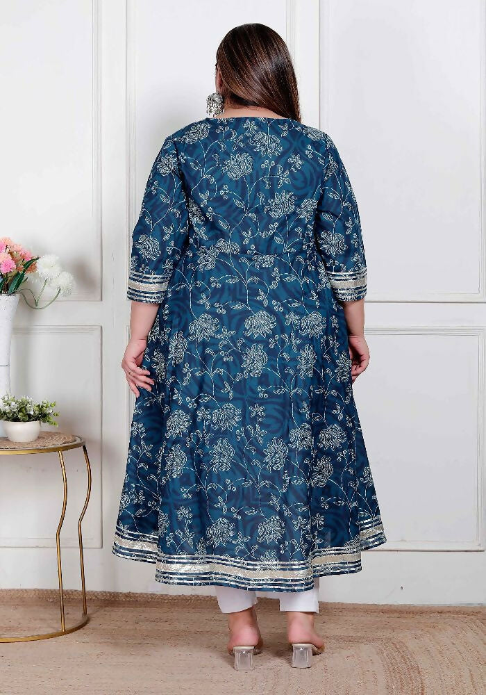 Miravan Plus Size Women'S Blue Cotton Embroidered Neck Anarkali Kurta