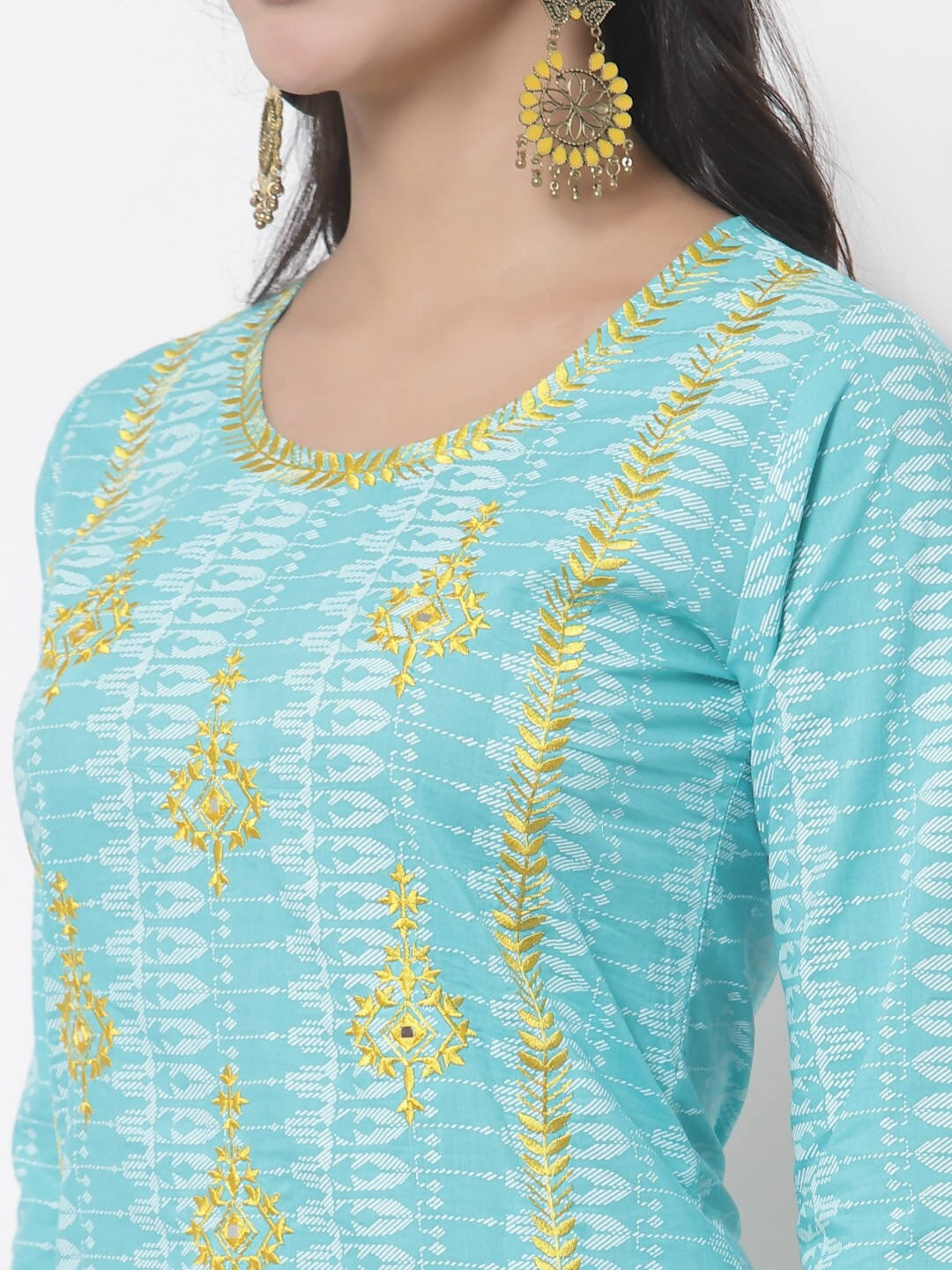 Myshka Women Turquoise Blue Layered Pure Cotton Kurti With Trousers & Dupatta