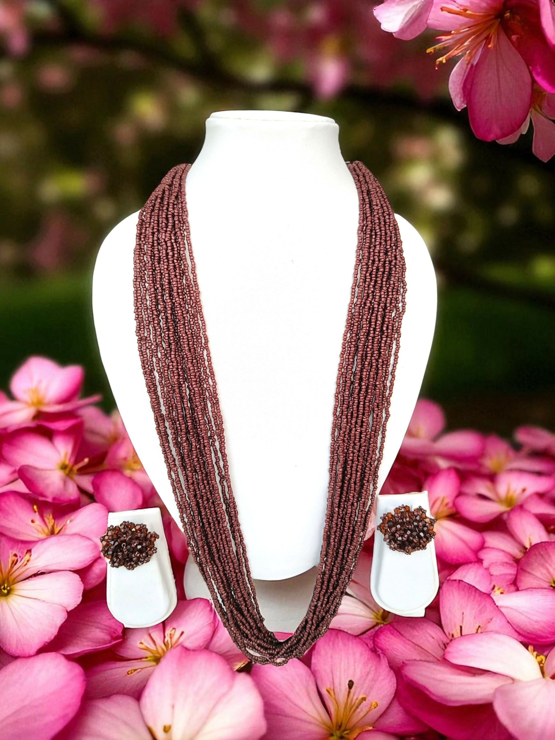 Inhanns Rangsaaz 20-Layer Luxe Long Beaded Necklace (With Optional Statement Earrings) - Coffee Brown With Earring