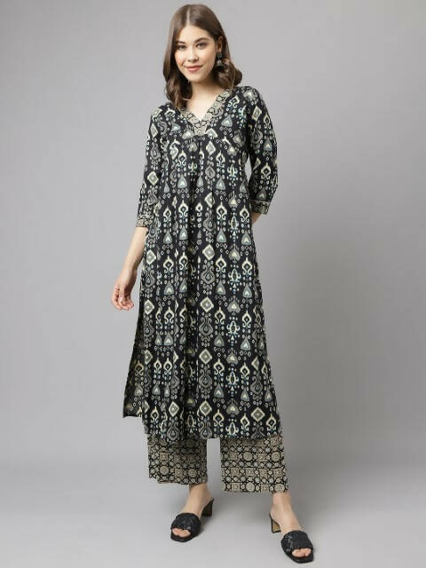 FIORRA Women's Black Cotton A-Line Kurta Palazzo Set 