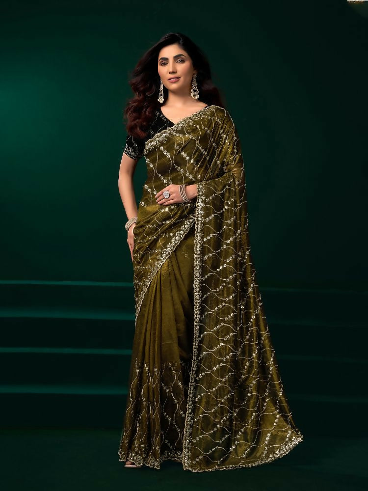 Joban Fashion Mehandi Green Net Party Wear Sarees