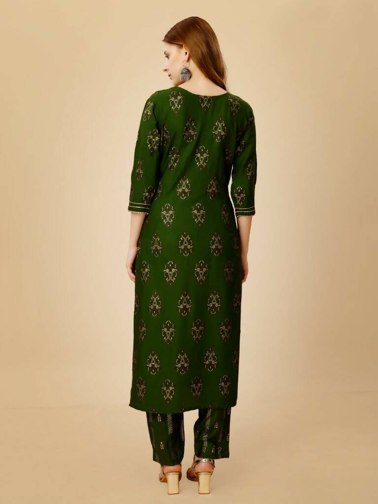 Aastha Fashion Women's Green Viscose Rayon Embroidered Kurta Pant Set - Grab2buy