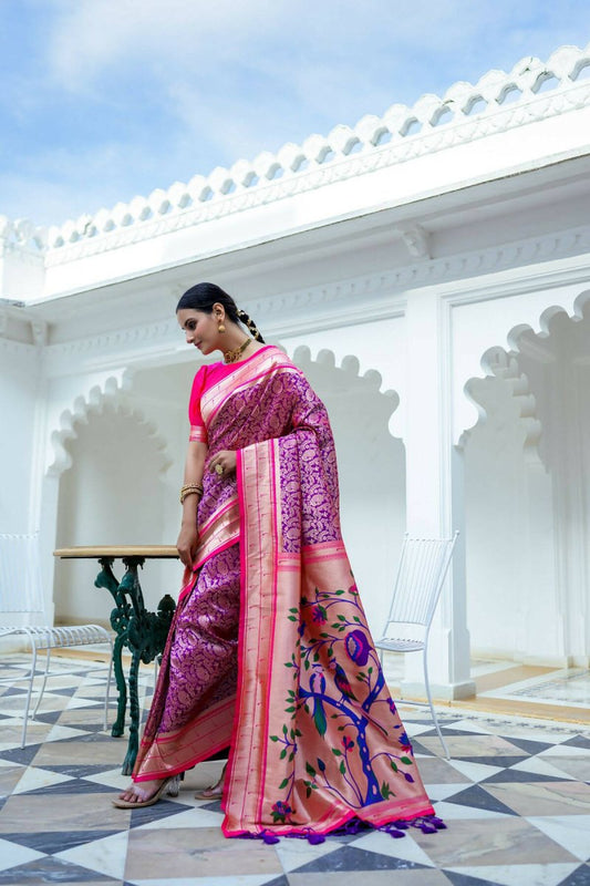 Aastha Fashion Purple Woven Kanjivaram Silk Saree with Blouse - Grab2buy