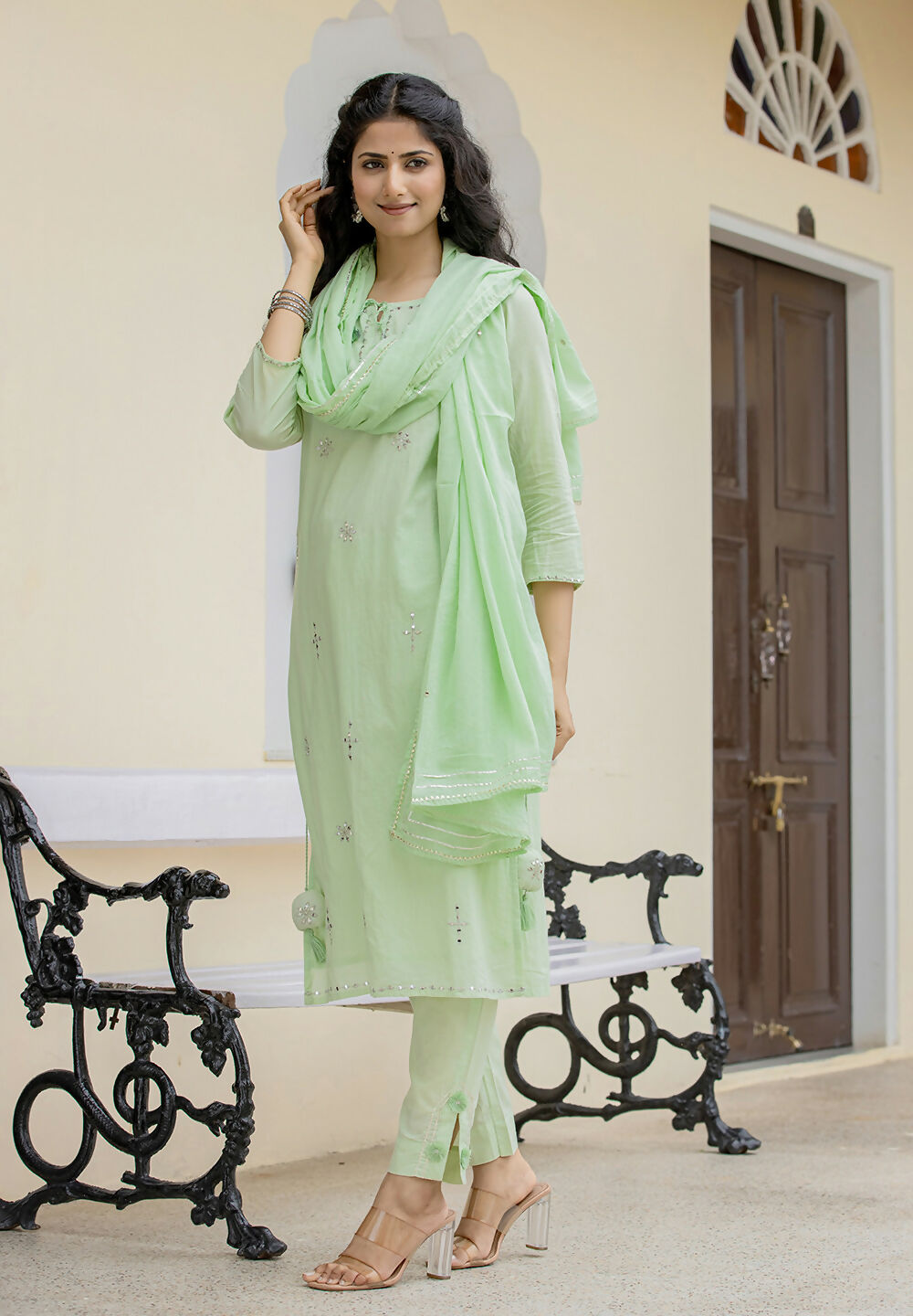 Kaajh Women's Green Mirror Embellished Cotton Suit Set