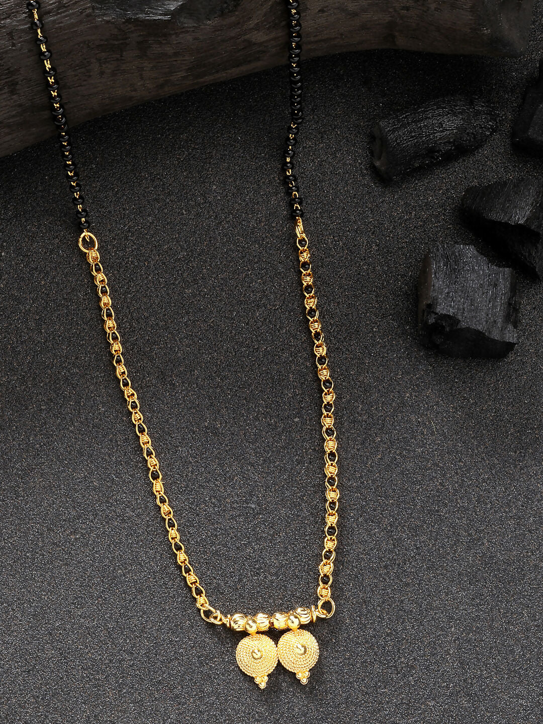 NVR Women's Gold-Polished Black Beaded Mangalsutra
