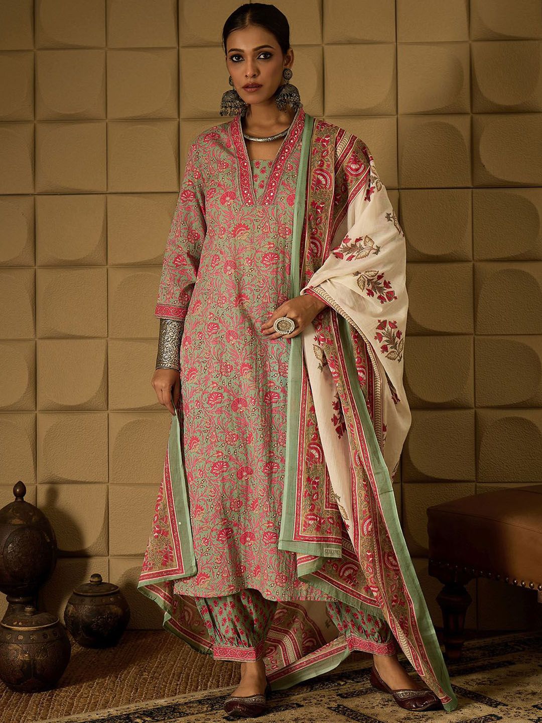 Indo Era Floral Printed Pure Cotton Straight Kurta with Salwar & Dupatta