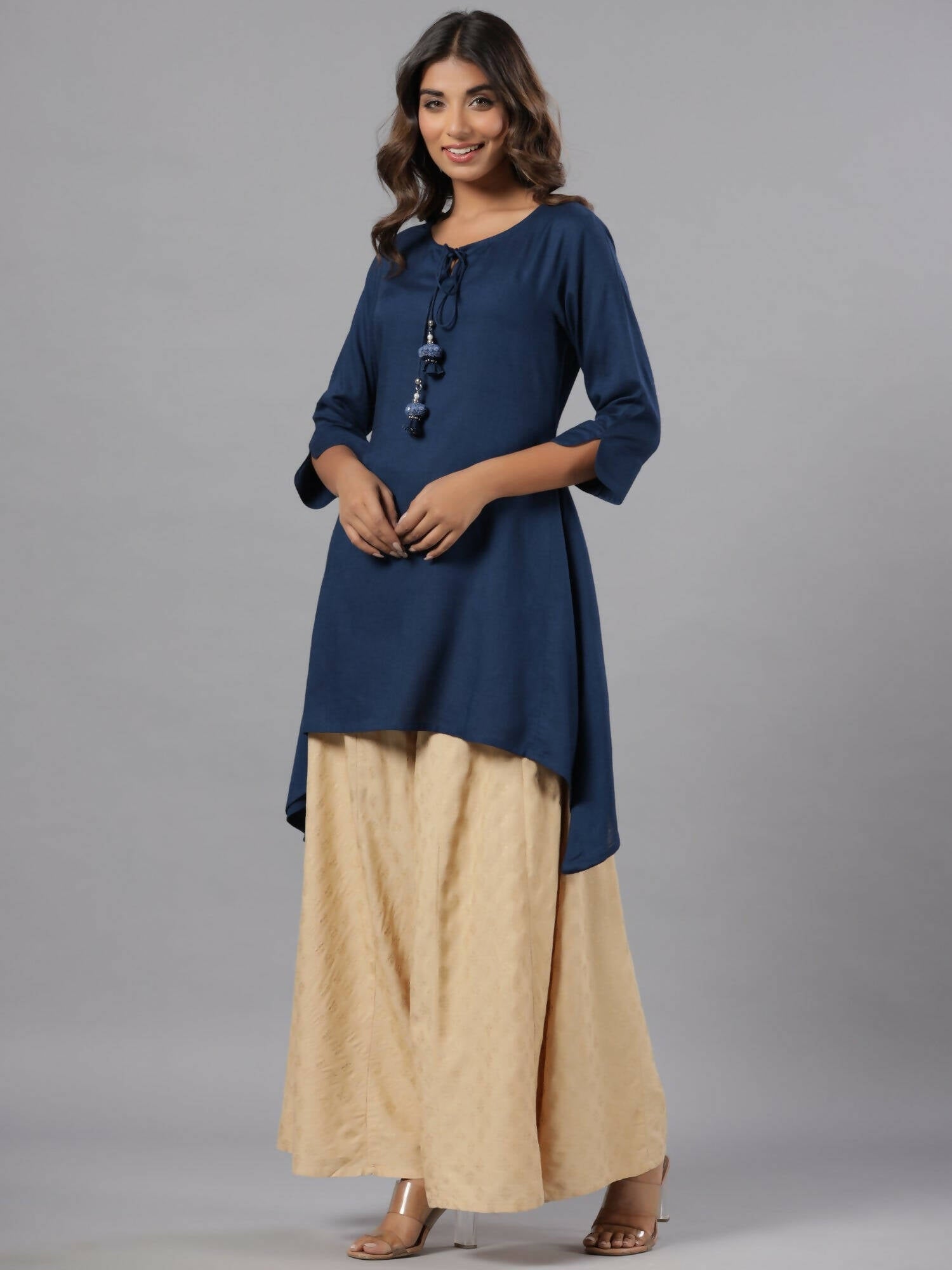Juniper Women Indigo Rayon Solid Asymmetric Kurta