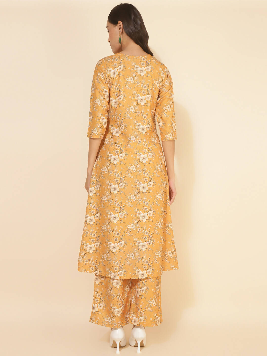 Janasya Women's Mustard Moss Floral Printed Casual Front Slit Co-ords 