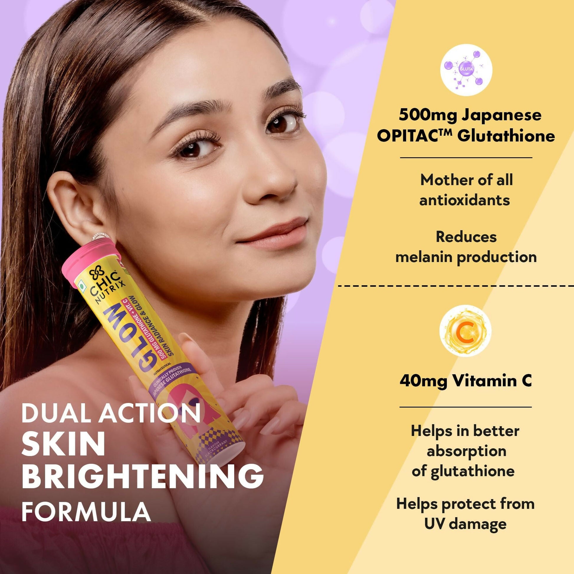 Chicnutrix Glow 500mg Effervescent Tablets - Black Currant Flavour Antioxidants For Clear, Glowing Skin