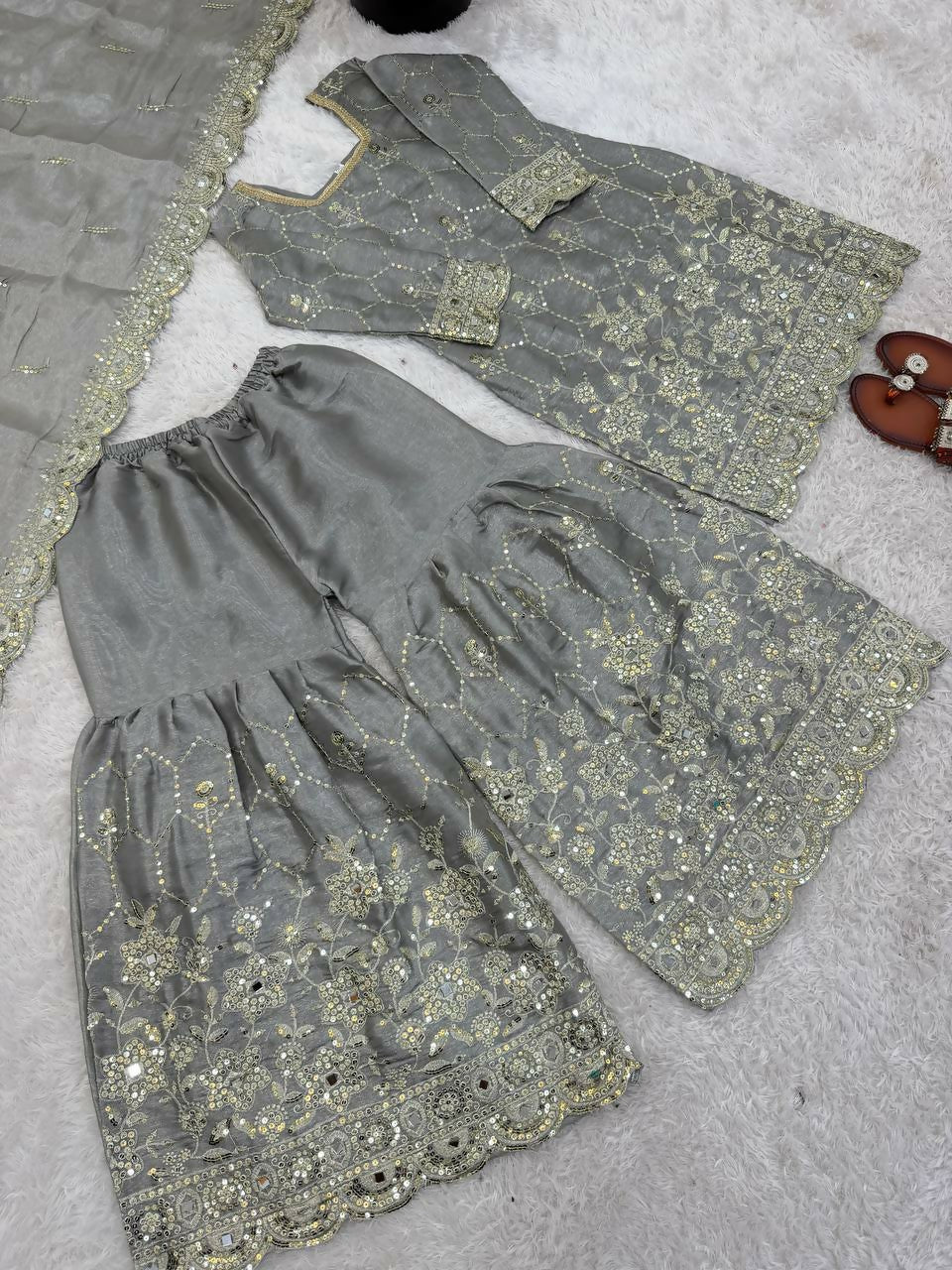Teeya Creation New Trendy Latest Designer Embroidery Sharara Kurta Set -Grey