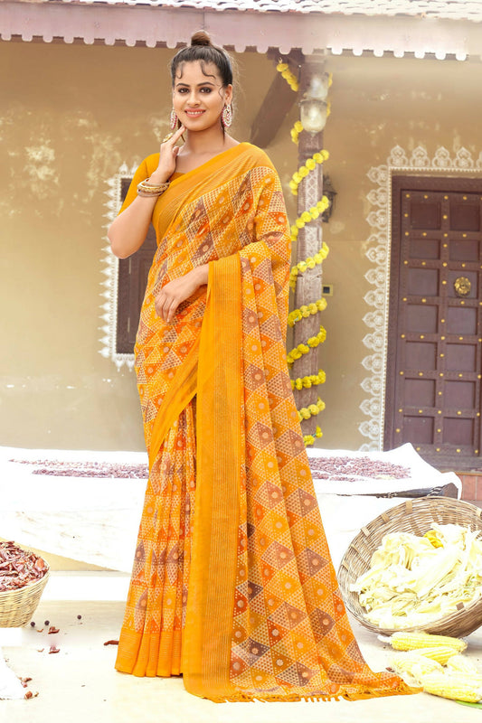 Mustard Chiffon Printed Ivory Print and Zari work Saree with Unstitched Blouse Piece - Shanaya