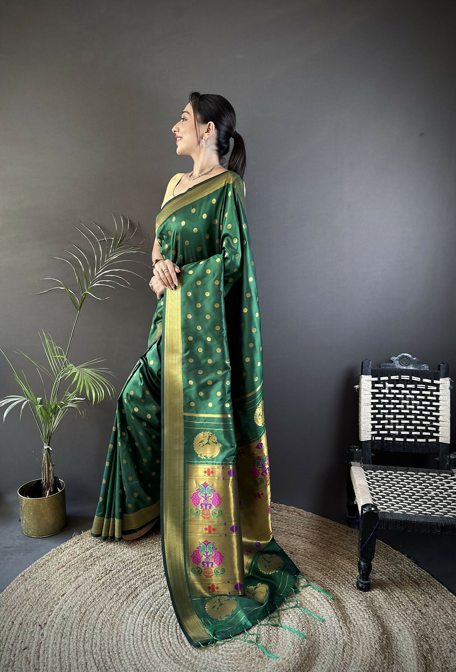 Joban Fashion Green Polka Dot Lichi Silk Paithani Silk Saree