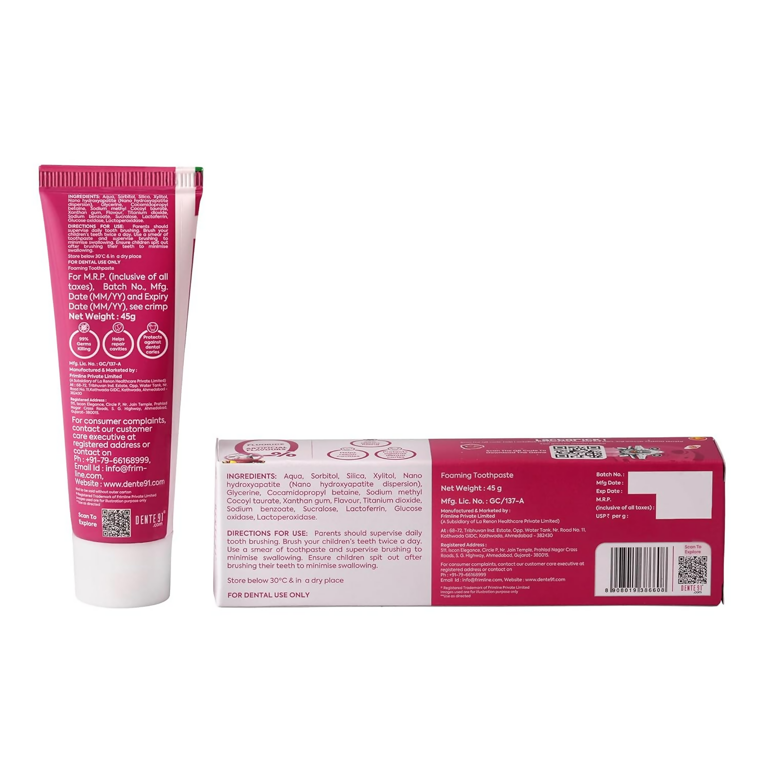 Dente91 Kids Toothpaste Protects Against Dental Caries & Hypersensitivity Fluoride Free Strawberry Flavour 