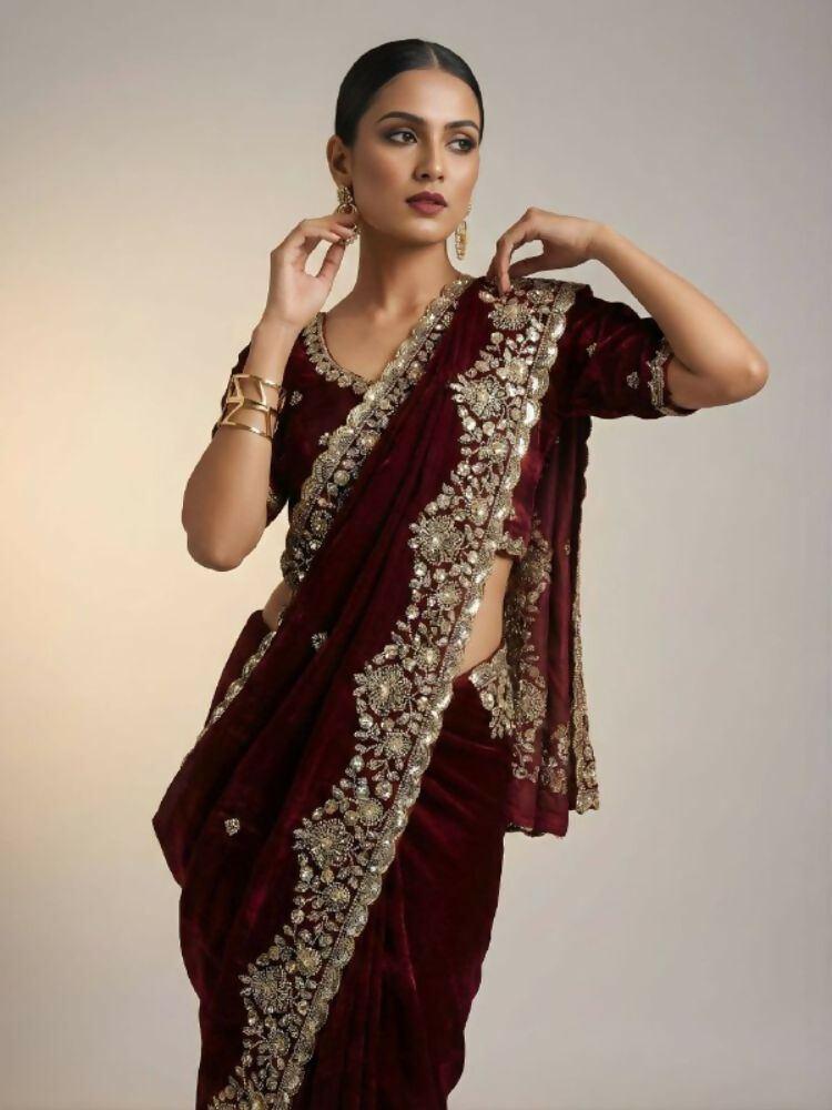Joban Fashion Maroon Fandy Satin Silk Party Wear Sarees