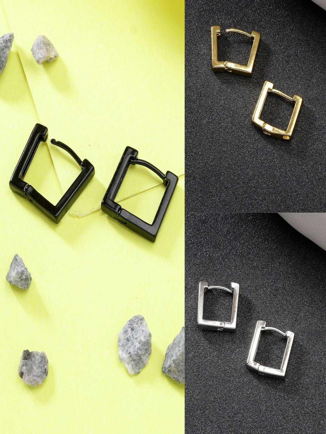 NVR Men's Set of 3 Multicolor Rhodium-Plated Geometric Shape Stainless Steel Hoop Earrings - Grab2buy