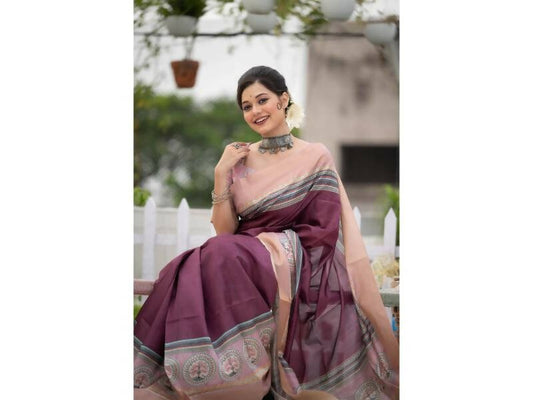 Aastha Fashion Women's Wine Tussar Silk Digital Printed Saree with Blouse - Grab2buy