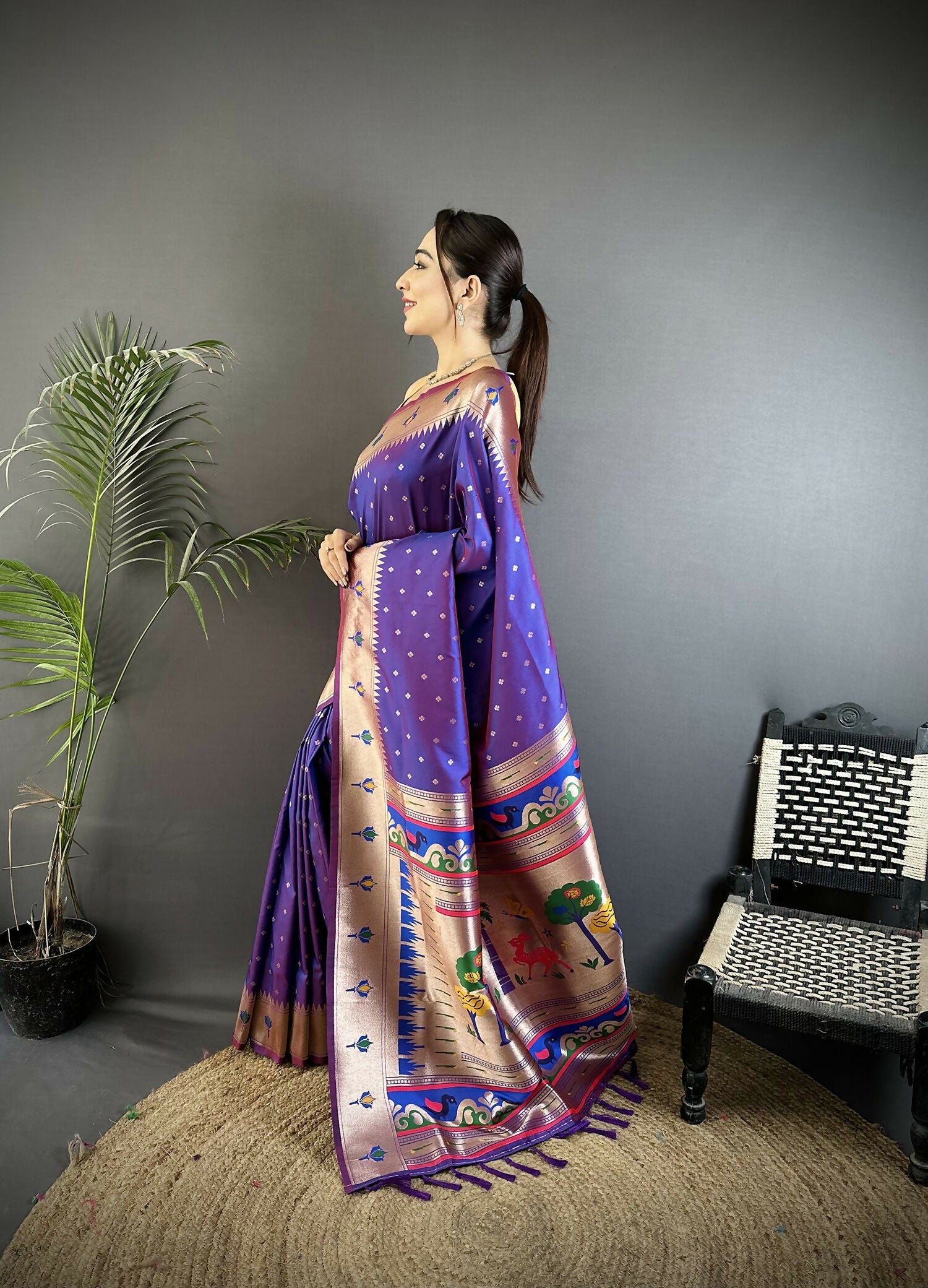 Joban Fashion Purple Peacock & Floral Motifs Soft Lichi Silk Kanchipuram Saree