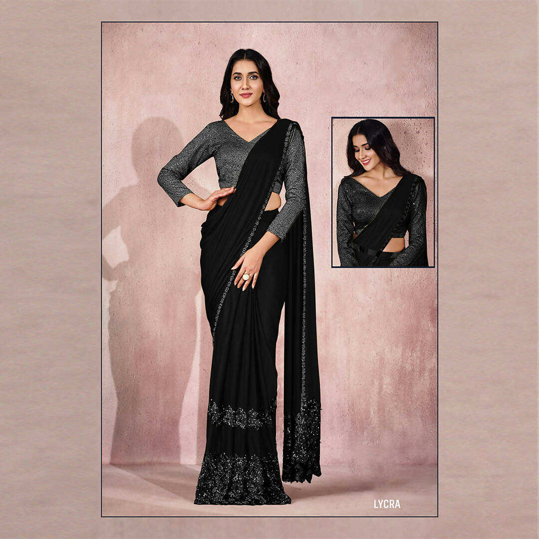 Black Lycra Embroidery Designer Saree With Blouse - Mohmanthan Sitaarah