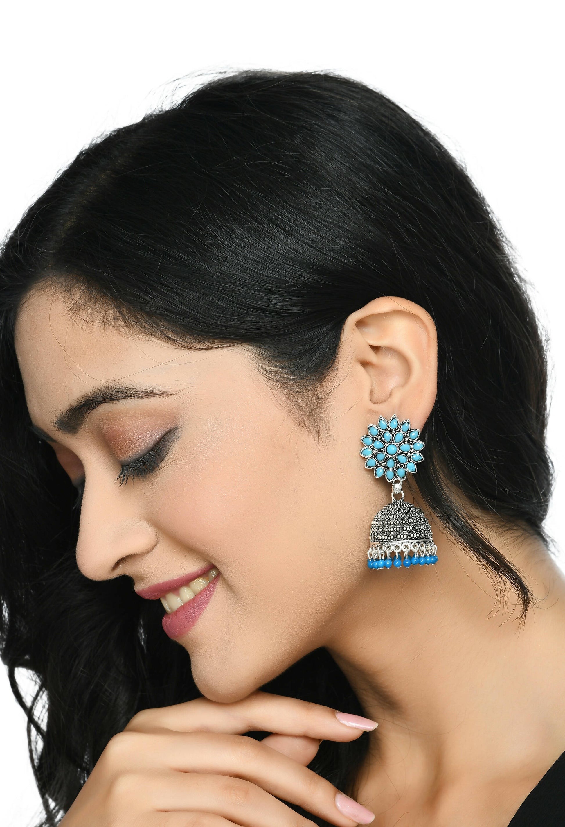 Mominos Fashion Joharkamal Kundan work Jhumka with Sky Blue Beads - Grab2buy