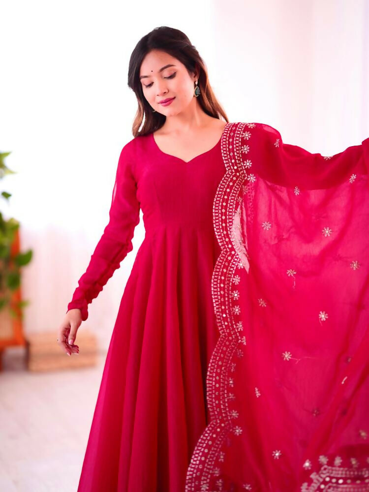 Joban Fashion Red Chinnon Silk Sequence Embroidery Work Readymade Kurta Set