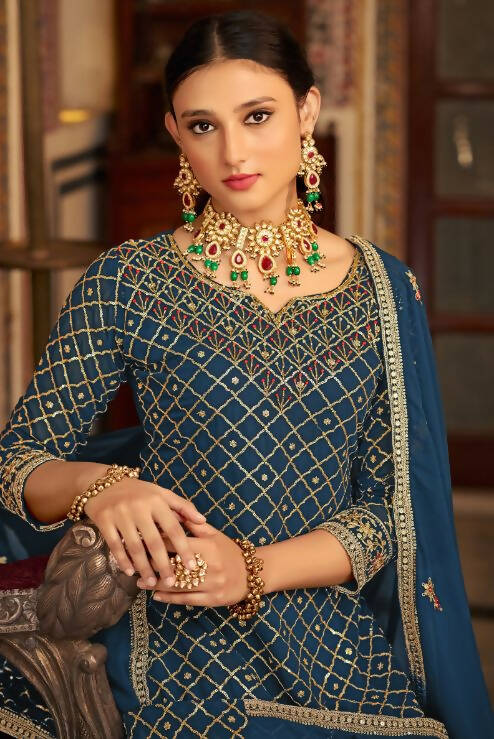 Teal Heavy Chinon Semi Stitched Kurta with Bottom & Dupatta - Dhvani