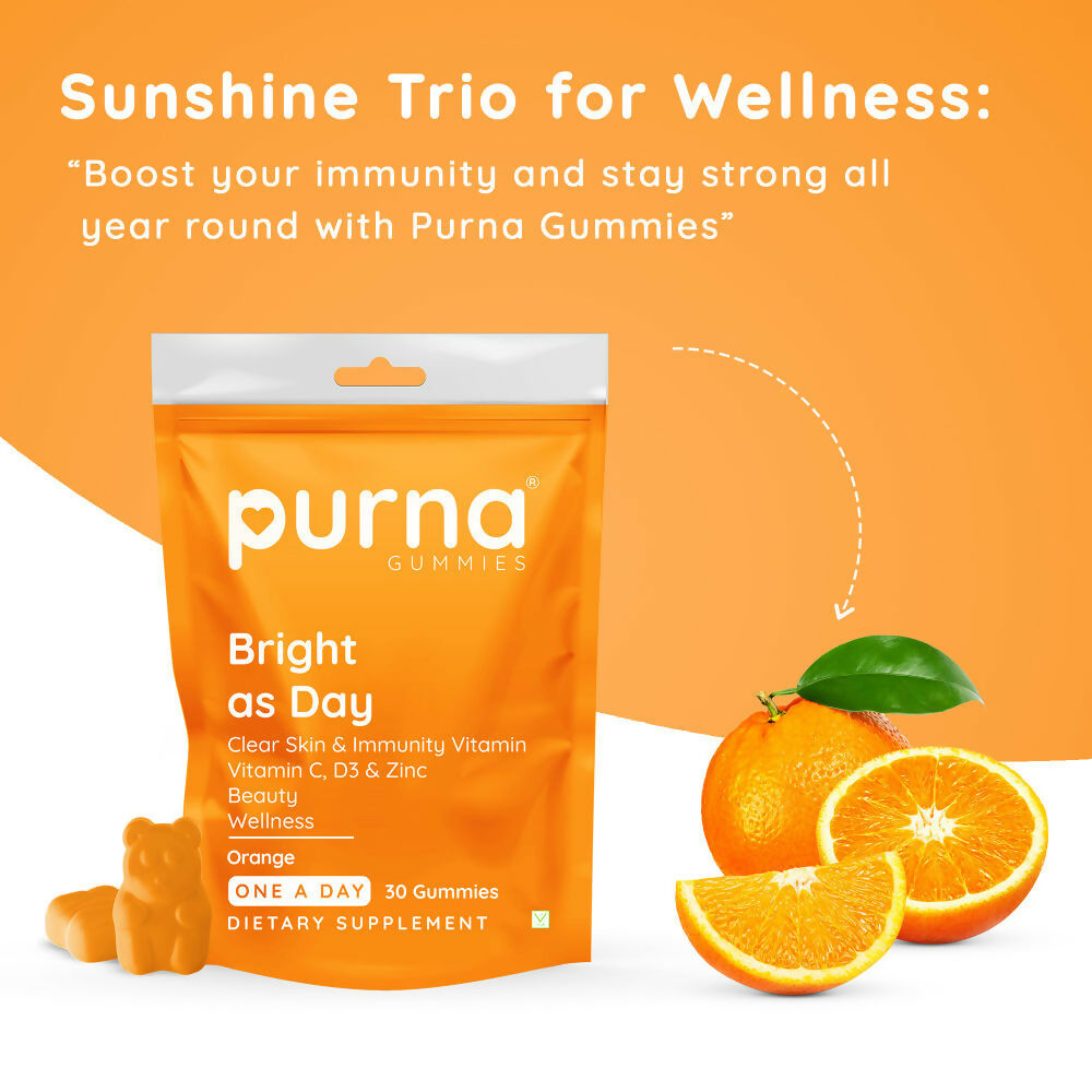 Purna Gummies Vitamin C Orange Gummies with Vitamin D3, and Zinc for Immunity & Clear Skin 