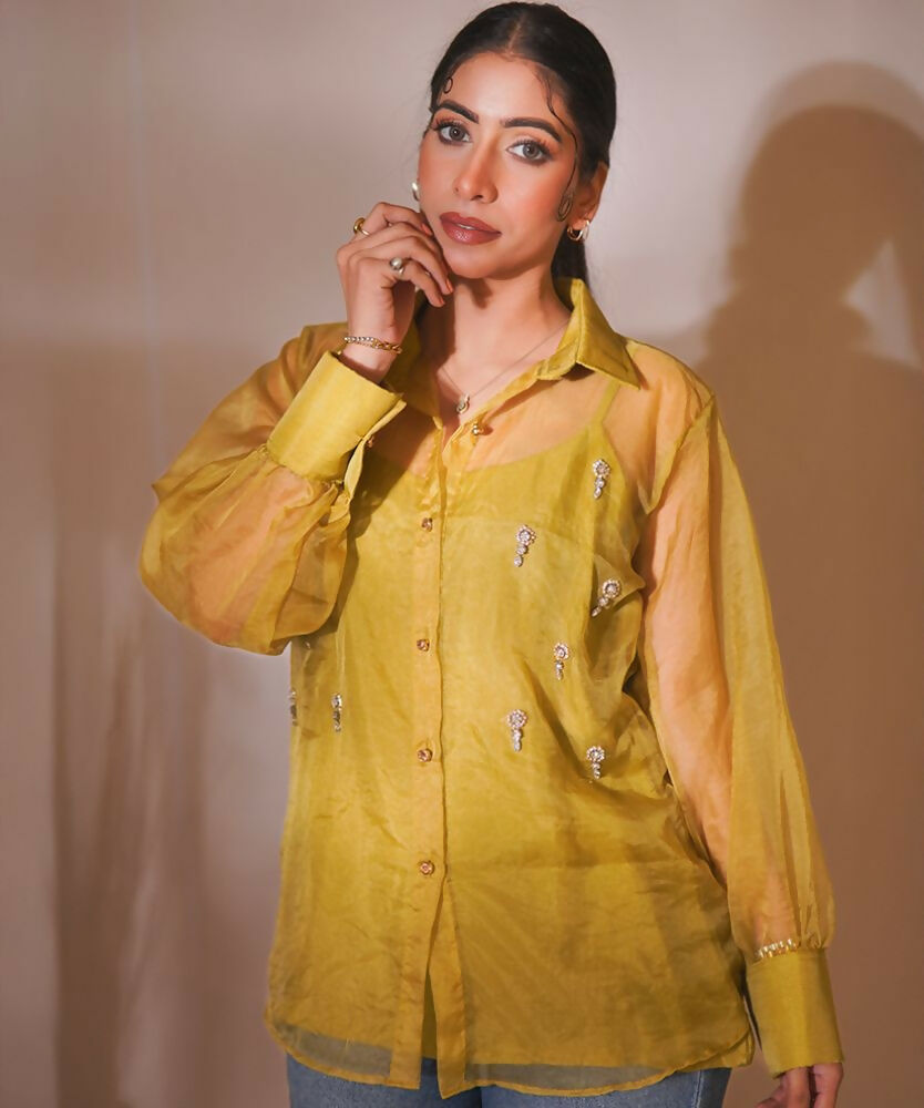 Timaraa Olive Glow Organza Hand-Embellished Shirt  Grab2Buy Timaraa Grab2Buy