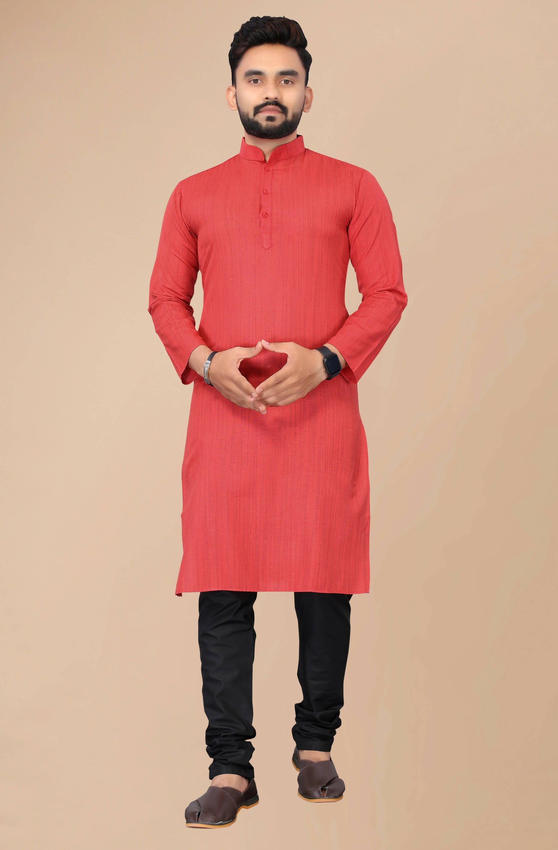 Men's Red Striped Cotton Kurta - Mahotsav