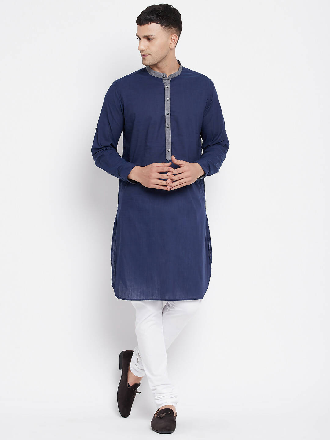 Even Apparels Blue Pure Cotton Men's Kurta With Contrast Collar And Placket 