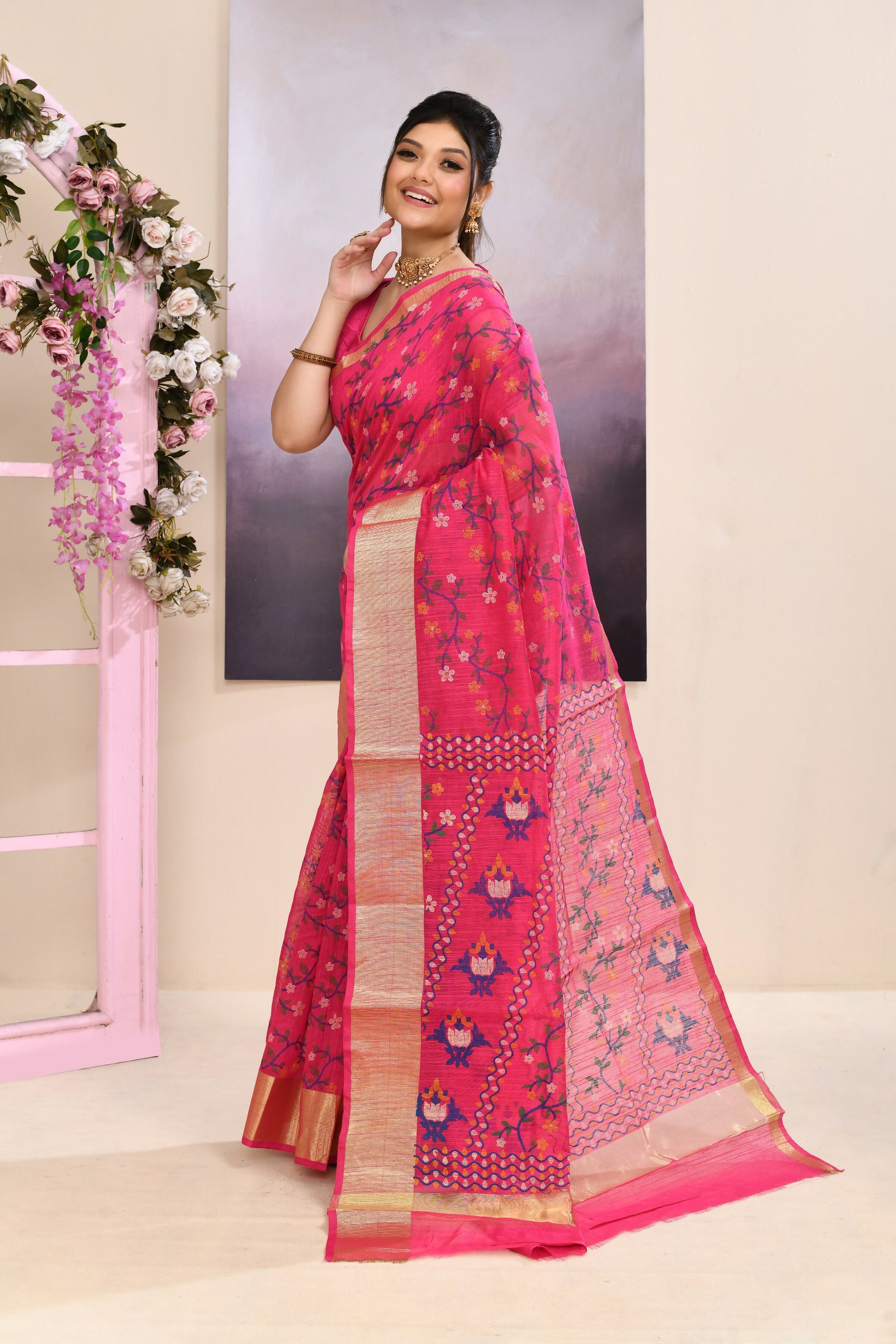 Piyari Fashion Women's Pink Embellished Cotton Blend Printed Saree