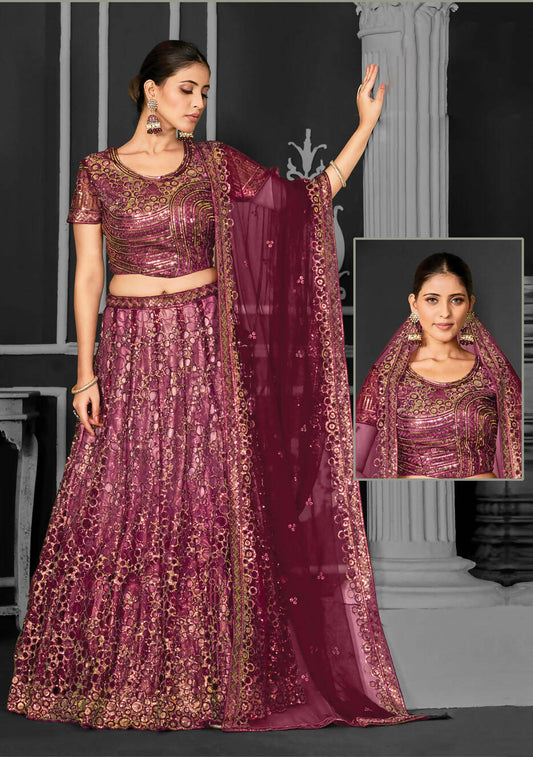 Maroon Net Semi-Stitched Bridal Lehenga - Nimayaa Bonanza