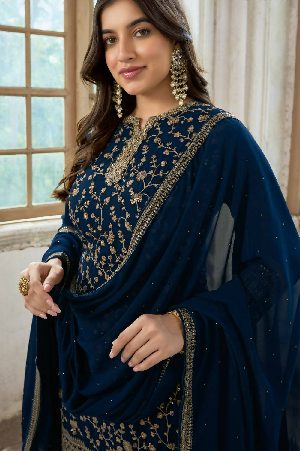 Navy Blue Heavy Fox Georgette Embroidered Semi Stitched Suit - Dhvani