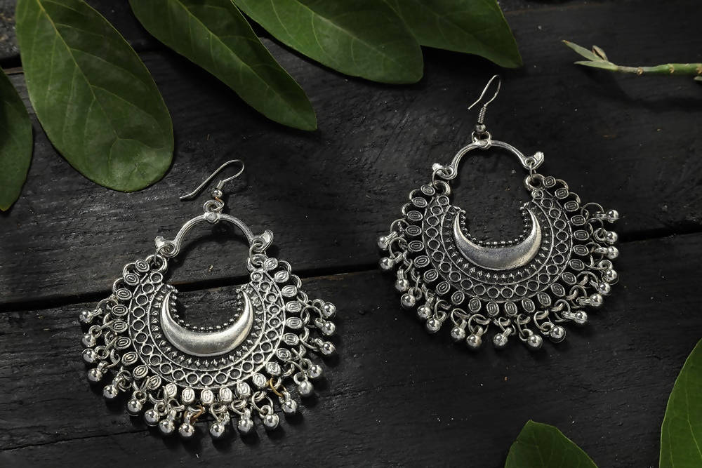 Mominos Fashion Johar Kamal Oxidised Silver-Plated Chandbali Earrings - Grab2buy