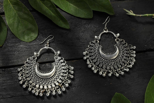 Mominos Fashion Johar Kamal Oxidised Silver-Plated Chandbali Earrings - Grab2buy