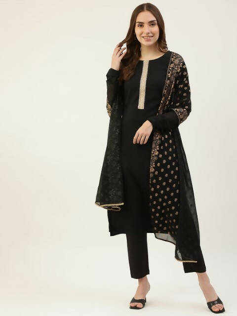 FIORRA Women's Black Poly Crepe Straight Kurta Pant With Dupatta 