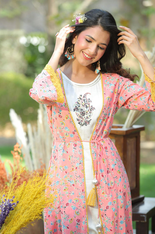 Juniper Coral Floral Printed Cotton Lacy Jacket Style Kurta With Thread Work & Dori At Waist