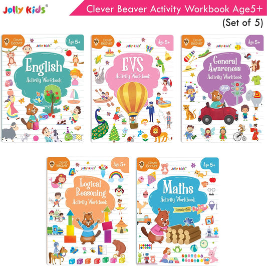 Jolly Kids Clever Beaver Ages 5-6 Years Fun Learning Activities Workbooks Set of 4| English-Maths-EVS-Good Habit-Logical Reasoning