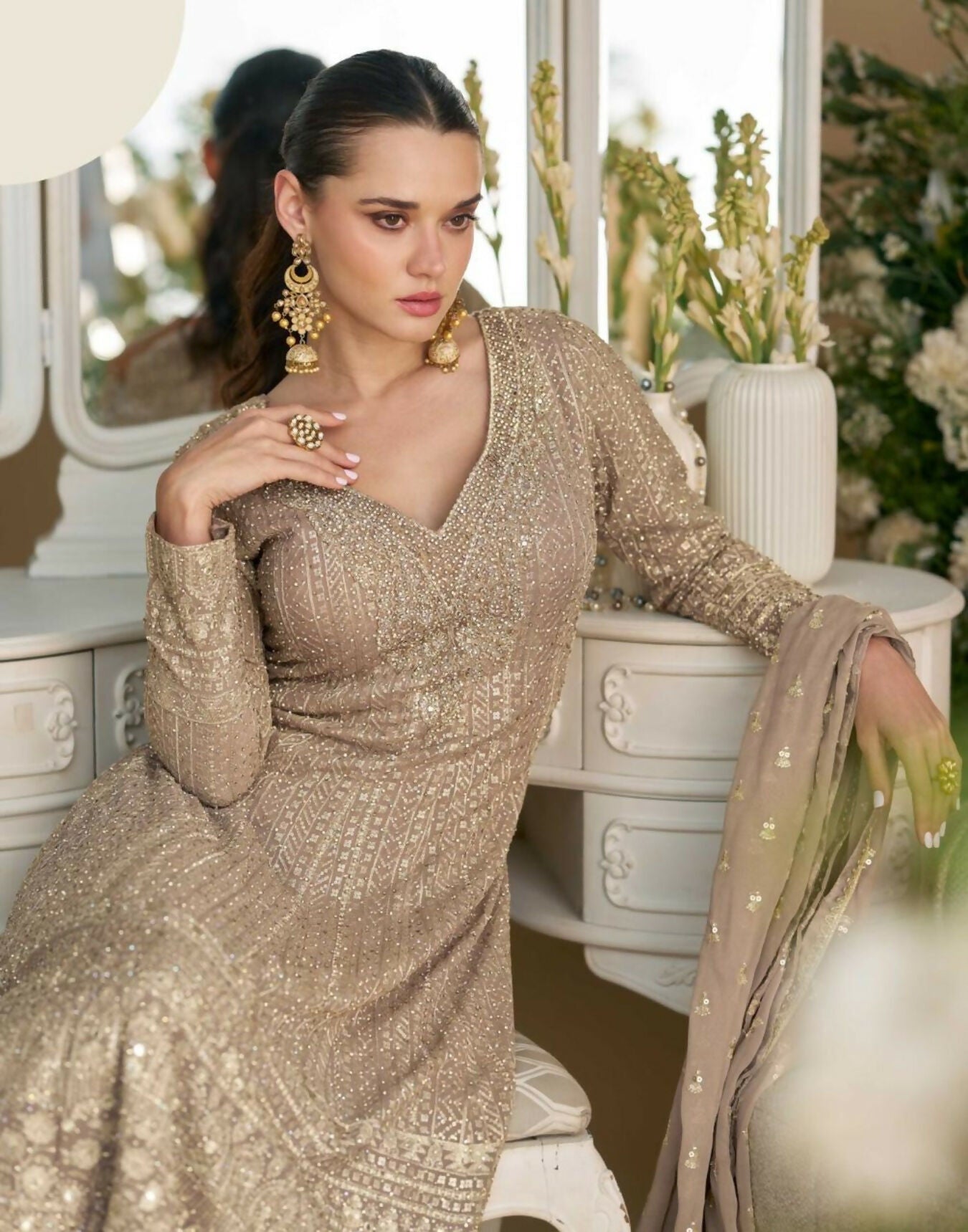 Anaita Beige Heavy Georgette Stitched Suit with Sequence & Diamond work
