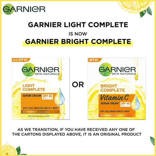Garnier Bright Complete Vitamin C SPF40/PA+++ Serum Cream - Distacart