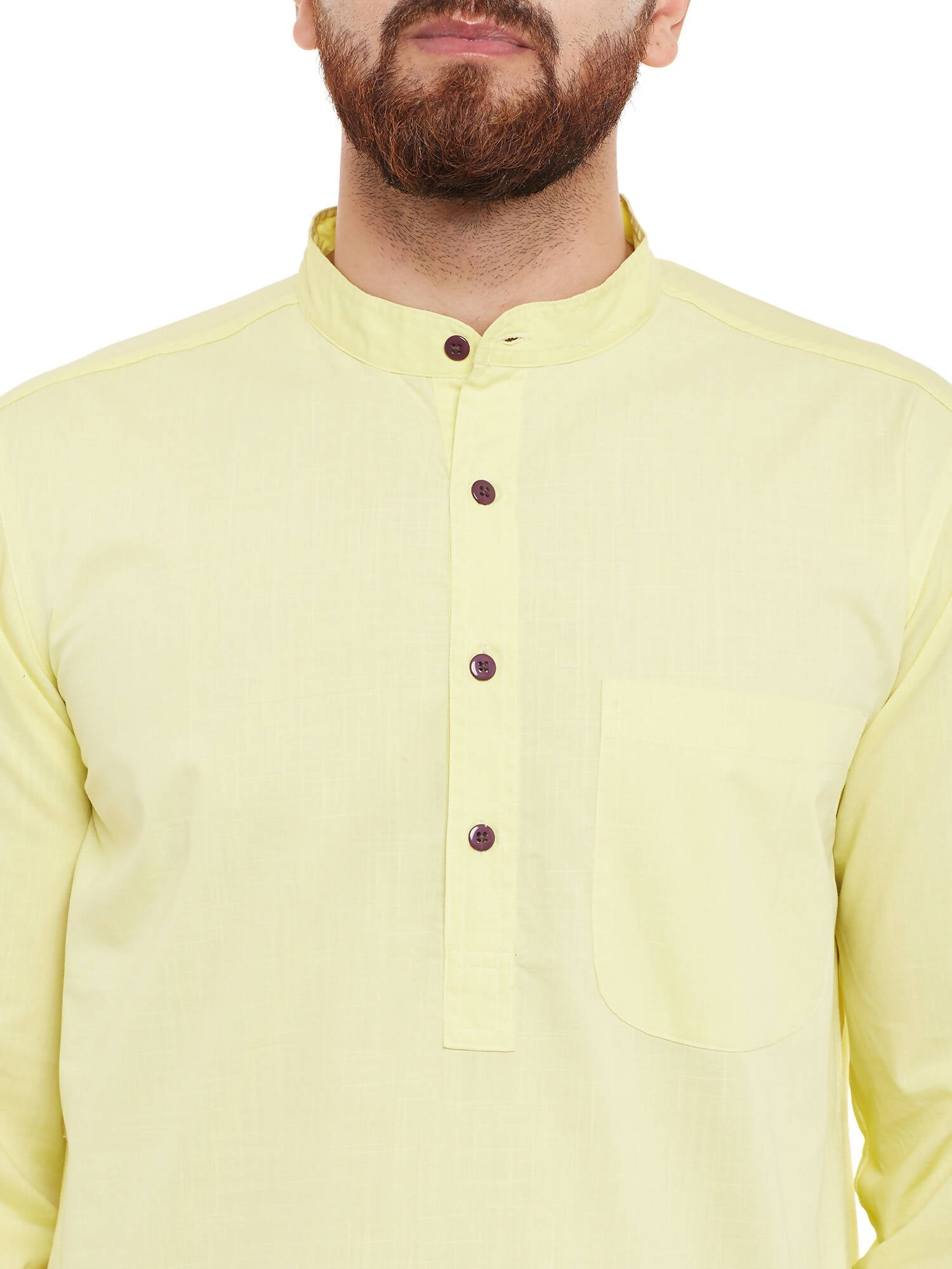 Even Apparels Yellow Pure Cotton Men's Kurta With Band Collar 