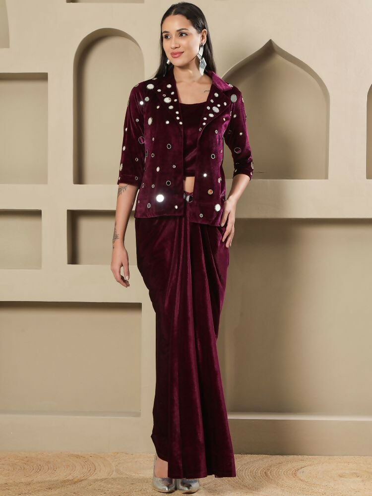 Joban Fashion Women Wine Velvet Hand Embellishment Stitched Dress