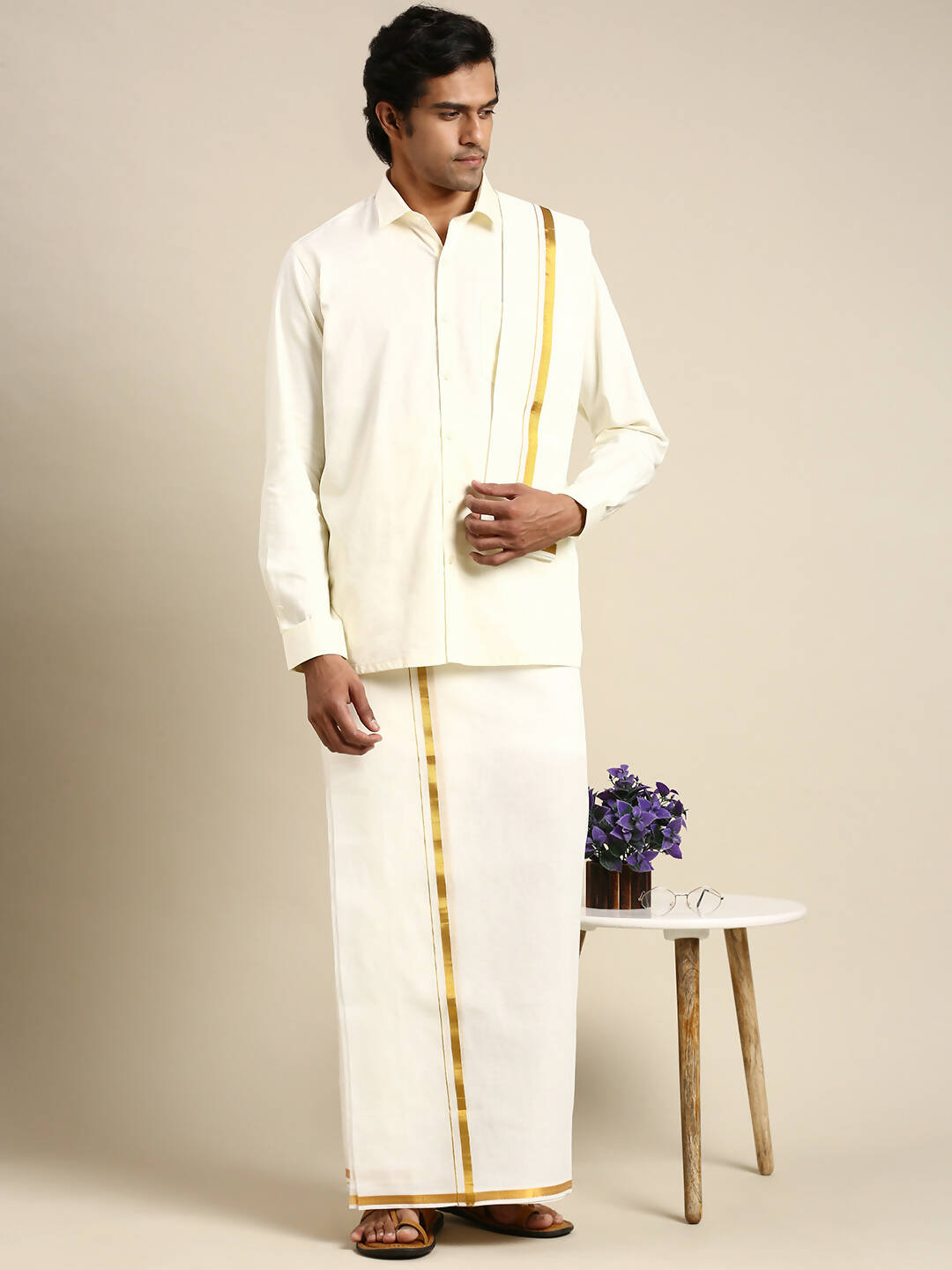 Ramraj Cotton Premium Wedding Cream Regular Dhoti, Shirt & Towel Set Golden Reward