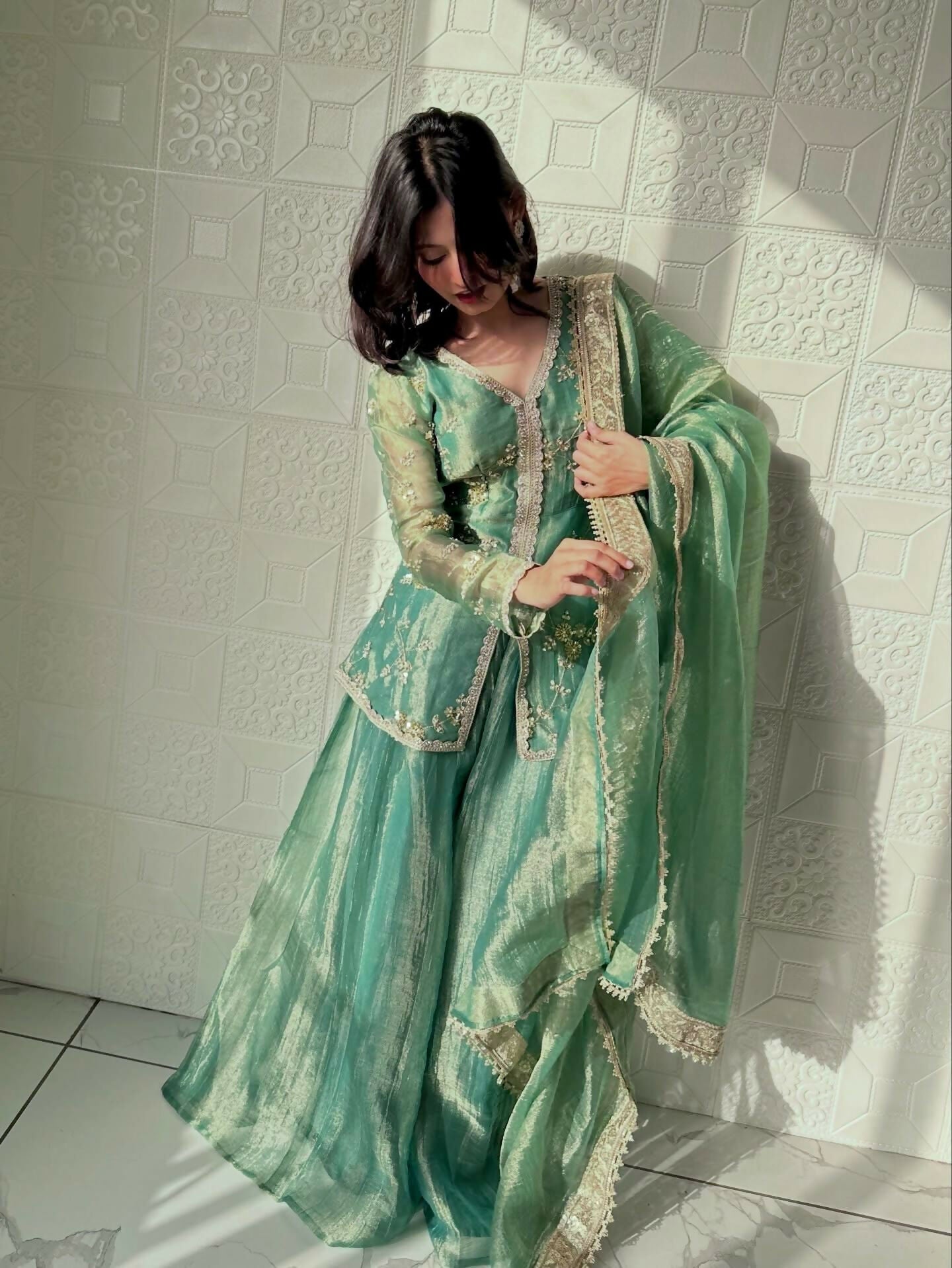 Teeya Creation Womens New Trendy Heavy Embroidery Work Kurta Palazzo Set - Green