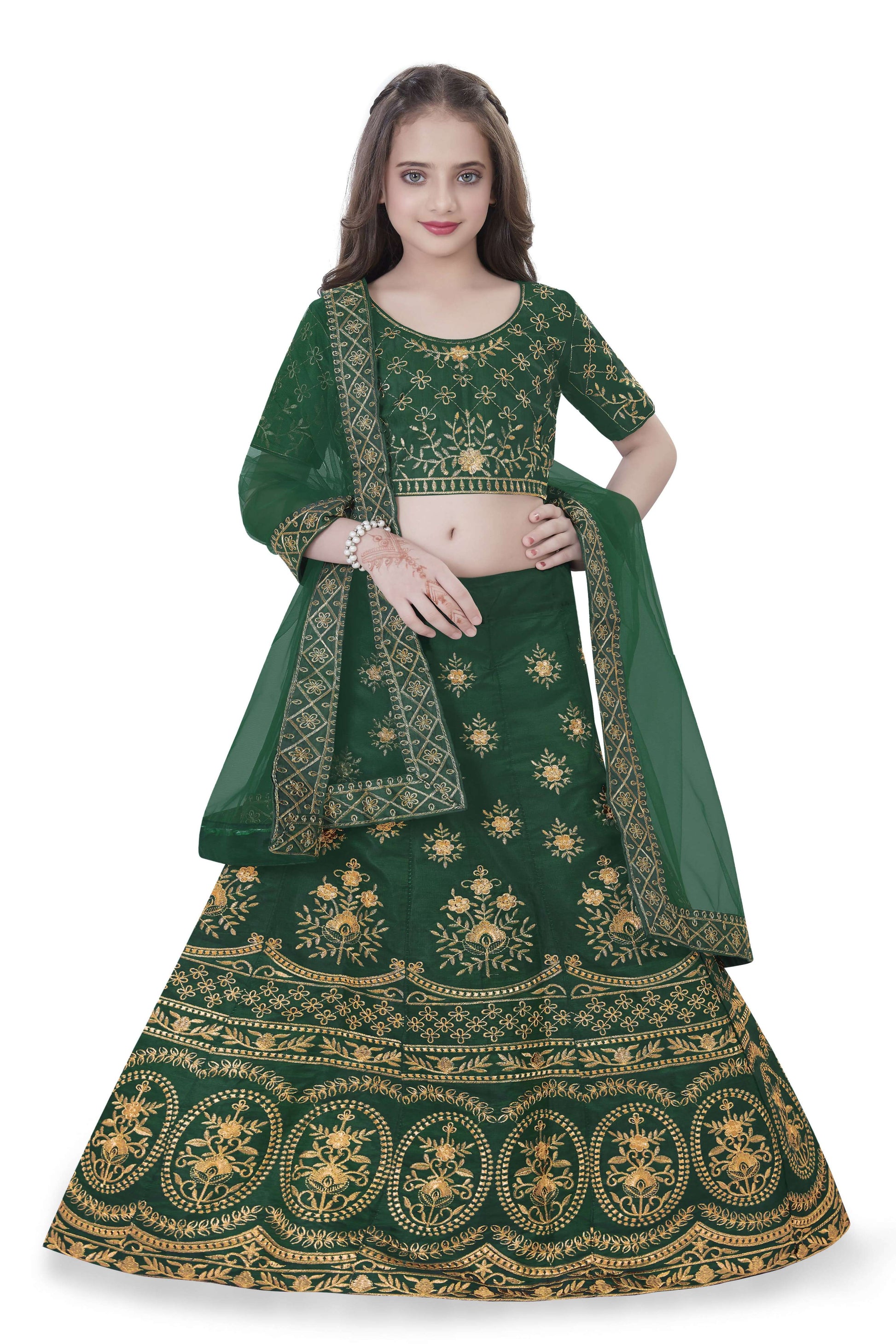Dwiden Green Lehriyu Tafetta Sattin Semi-Stitched Girl's Lehenga Choli