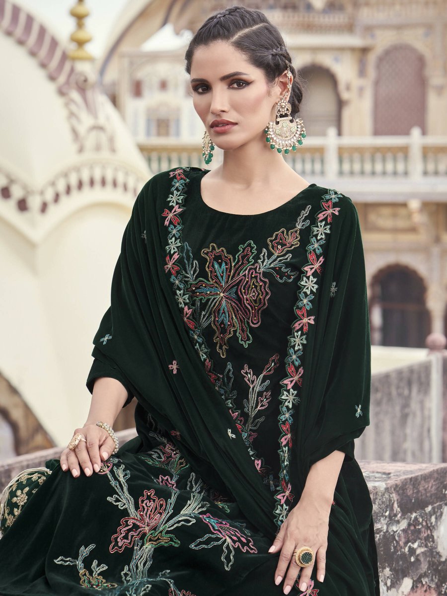 Aastha Fashion Women's Green Velvet Resham Thread with Jari & Sequin Kurta with Trouser & Dupatta - Grab2buy
