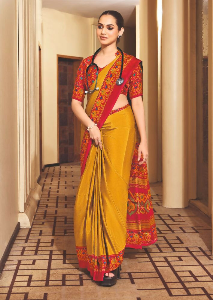 Joban Fashion Yellow Crepe Silk with Traditional Print Saree