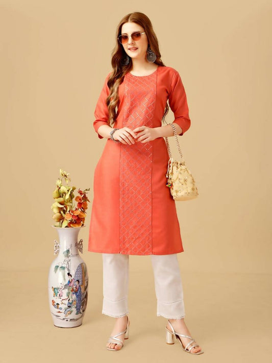Aastha Fashion Women's Coral Cotton Blend Embroidered Kurta Pant Set - Grab2buy